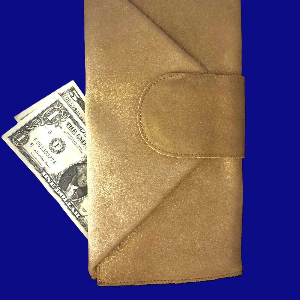 Tano Large Italian Modern Fold-Over Gold Sheen Tan Leather Clutch NWT